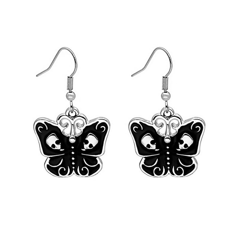 GROFRY 1 Pair Halloween Earrings Contrast Color Anti rust Decorate Ears Dark Style Skull Pattern Butterflies Shape Hook Earrings