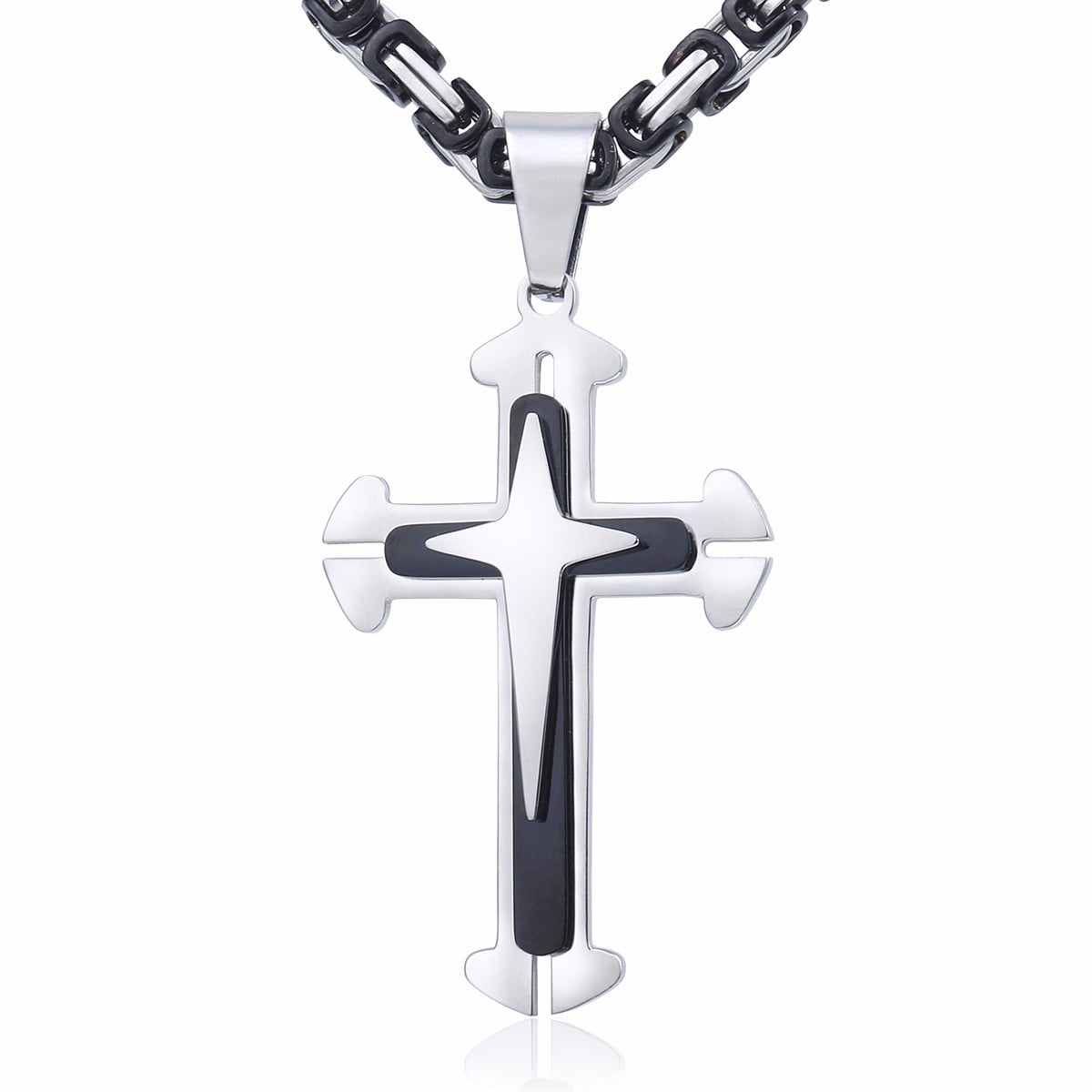 Hermah Stainless Steel Cross Pendant Necklace Mens Boys Chain 5mm Byzantine Chain 22-30inch