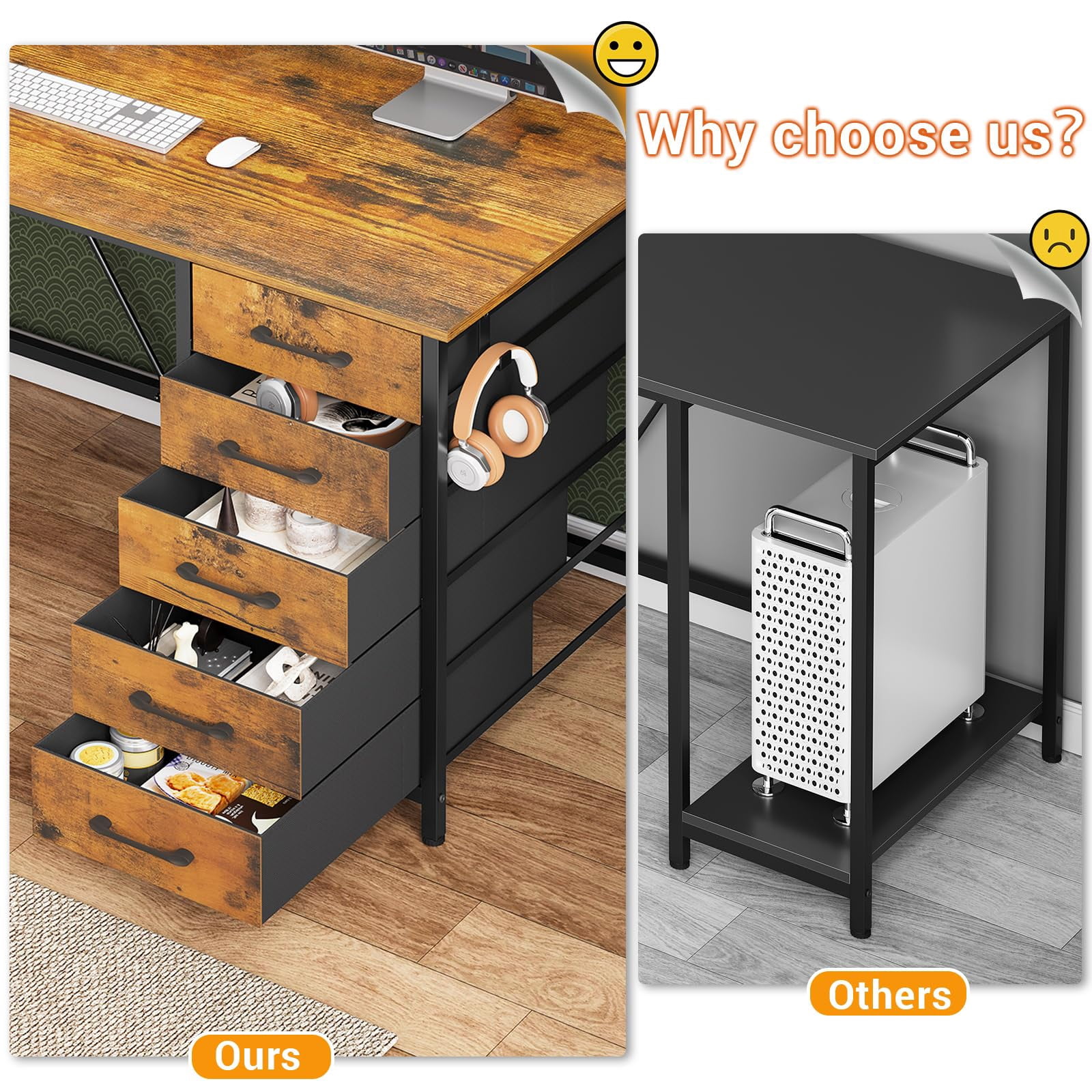 L Shaped Gaming Desk with Drawers, L Shaped Computer Desk with Hutch and Storage Shelves, Gaming Desk with Pegboard, Led Lights, and Power Outlet, Home Office Desk, Corner Desk, Rustic Brown