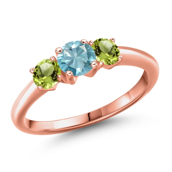 Gem Stone King 18K Rose Gold Plated Silver Blue Zircon and Green Peridot Engagement Ring for Women | 1.45 Cttw | Round 5MM | Gemstone Birthstone | Size 9