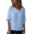 thumbnail image 5 of Olyvenn Women Cotton Linen Tops Causal Summer Shirts Rolled Sleeve Asymmetrical Neck T Shirts Solid Loose Blouses for Daily Sky Blue L, 5 of 9