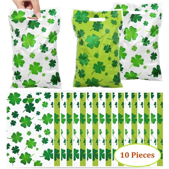 Lksixu 10 Pcs St. Patrick's Day Gift Bags, Double-Sided Green Shamrocks Plastic Treat Bags with Handles, Irish Lucky Cellophane Goodie Bags BPA-Free Reusable Snack Bags for Party Favor