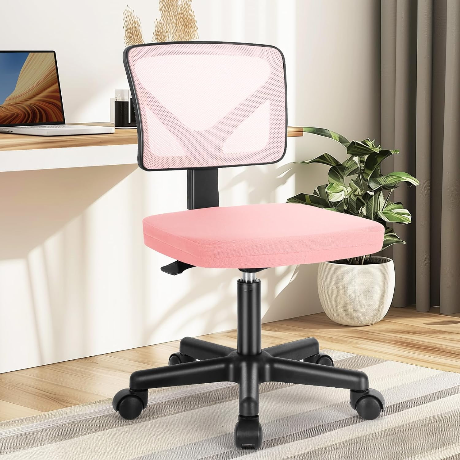 Armless Mesh Office Chair, Ergonomic Low-Back Swivel Desk Chair with Wheels and Lumbar Support, Height Adjustable, Pink