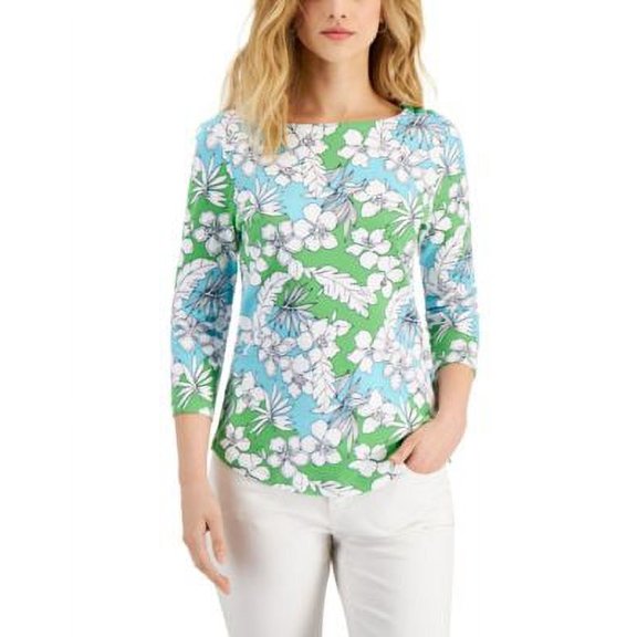 MSRP $25 Charter Club Womens 3/4-Sleeve Print Top Green Size Small