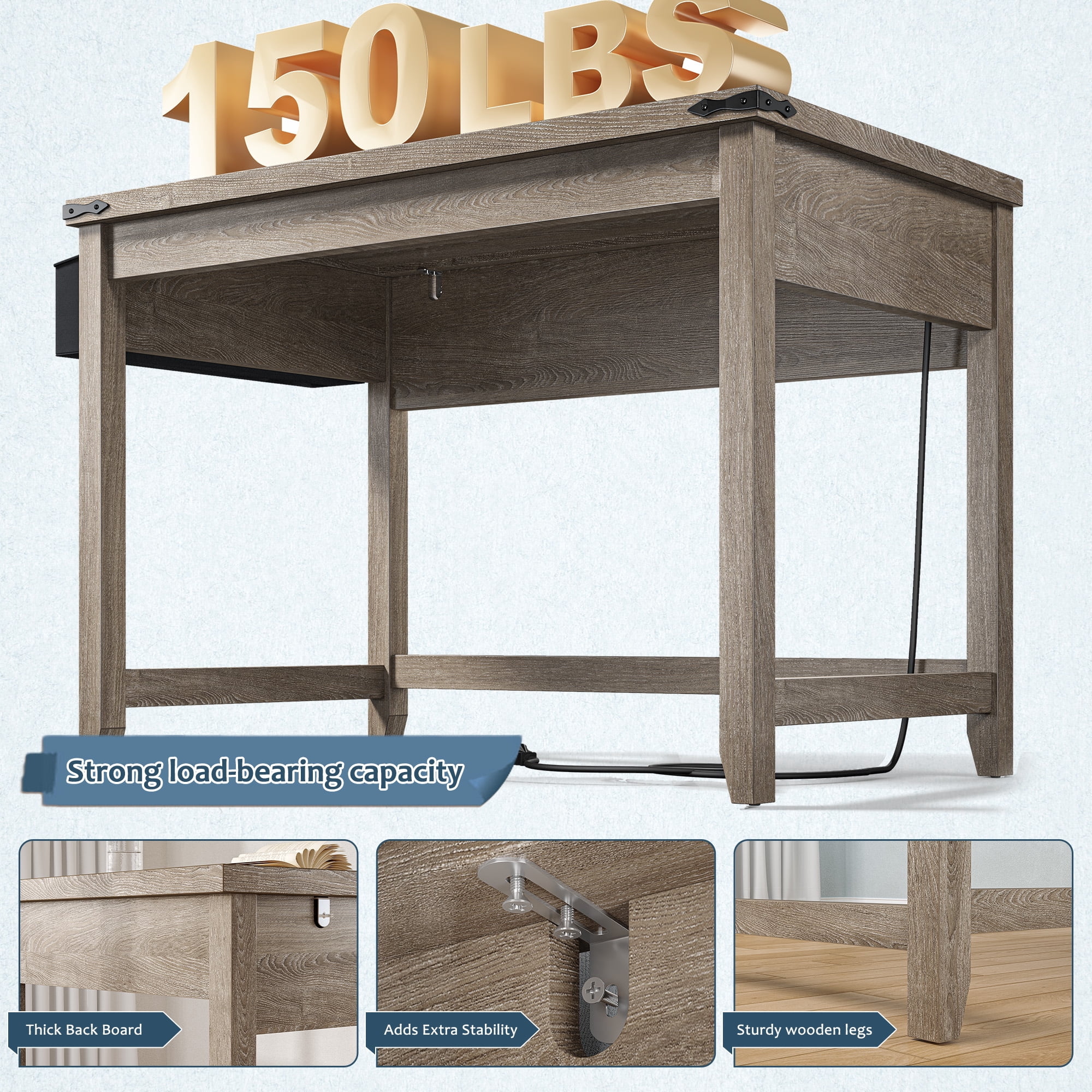 Enhomee Computer Desk with Power Outlet 40.1"W Small Desk for Bedroom, Ash Gray