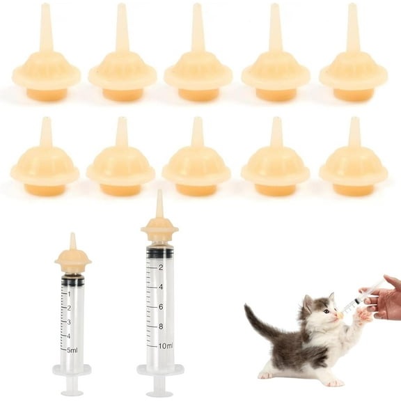Monebena Pet Feeding Nipples with Syringes,10 Pcs Silicone Kitten Nipples for Nursing with 2 pcs Feeding Syringes,Reusable Pre-Made Hole Pacifier Feeder Kits Suitable for Kittens