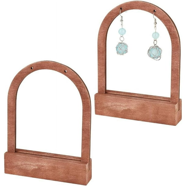 Juego de 2 soportes de madera huecos en forma de arco para exhibir aretes, 13,5 cm de altura, soporte individual para aretes con base de madera color marrón coco.