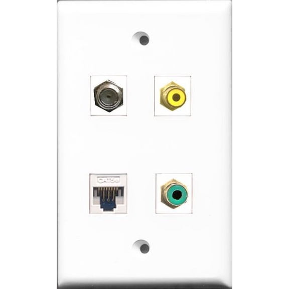 RiteAV 1 Port RCA Yellow and 1 Port RCA Green and 1 Port Coax Cable TV- F-Type and 1 Port Cat5e Ethernet White Wall Plate