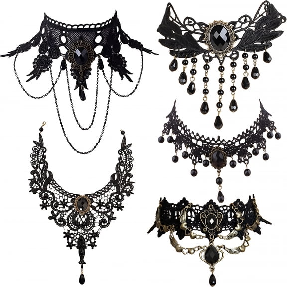 DESIGNICE 5 Pieces Set Halloween Jewelry Women Lady Elegant Goth Gothic Steampunk Lace Choker Necklace Black Neck Chain Collar Statement with Pendant Victorian Wedding Party Cosplay