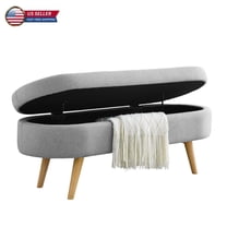 GZXS Oval Upholstered Storage Bench, Linen Fabric Padded Seating Bench with Natural Rubber Wood Legs, Suitable for Bedroom & Living Room (Light Gray, 43.5"W)