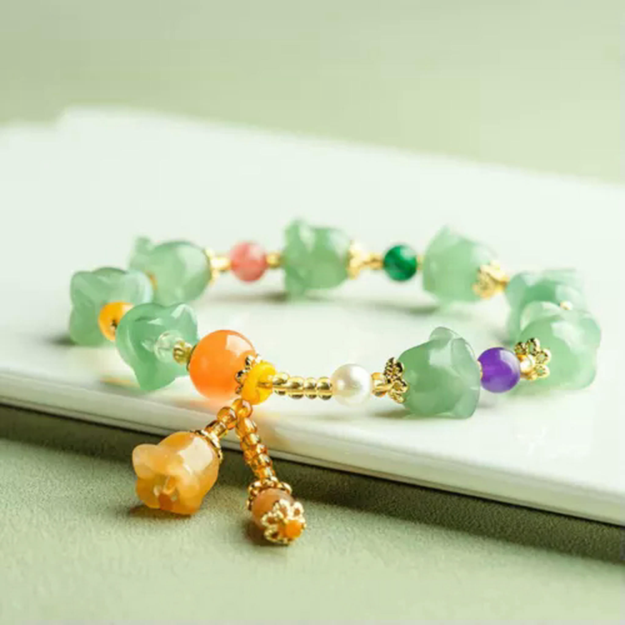 EOEMY Natural Jade Bangle Magnolia Flower Bead Link Women Lucky Gift Bracelet