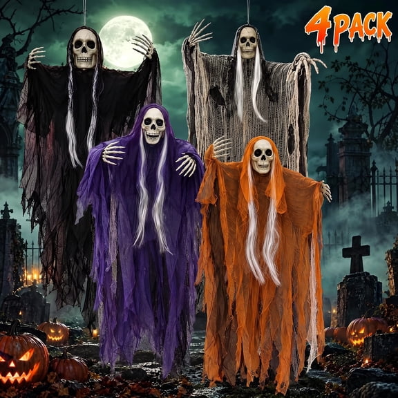 Leyaron 4 Pack Halloween Hanging Ghosts Decorations, Scary Skeleton Ghosts Grim Reapers Decoration for Indoor Outdoor Yard Home Halloween Decor
