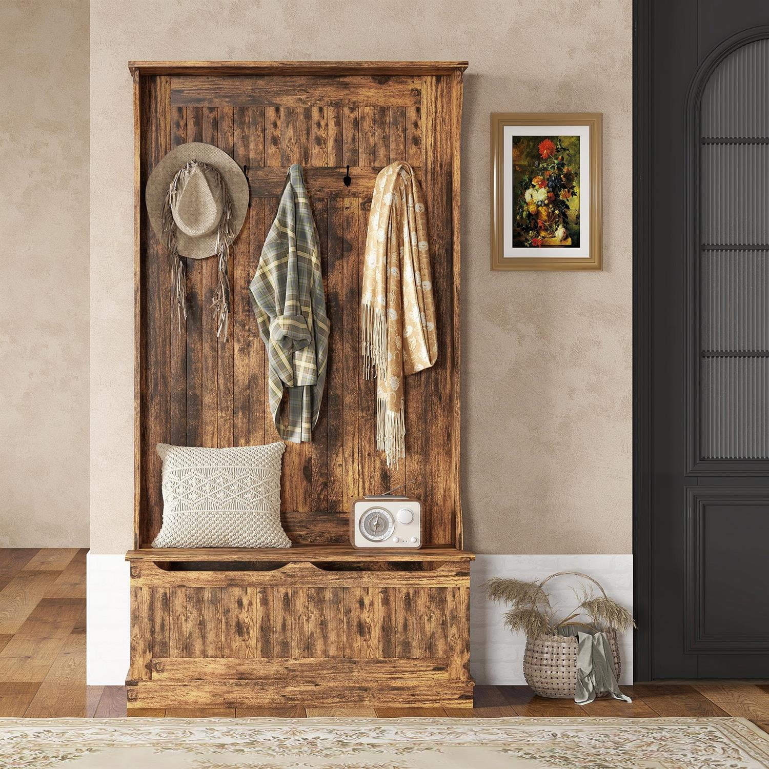 Demi Bonn 70" Hallway Bench with Coat Rack and Shoe Storage, 3-in-1 Entryway Organizer for Home, Storage Hooks and Hall Tree for Convenience, Brown