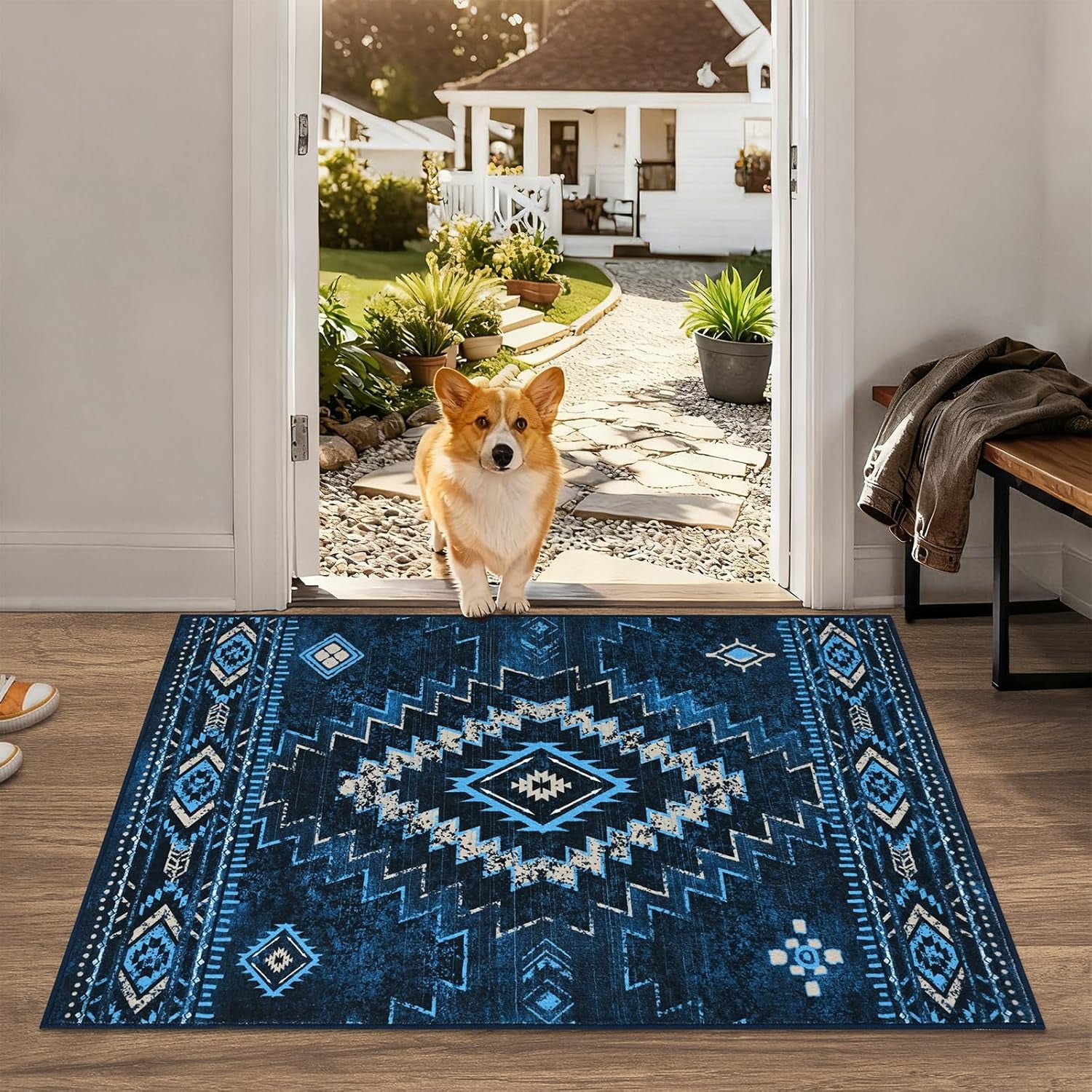 Bleum Cade Moroccan Bathroom Rug,Western Washable 2x3 Small Bath Mat, Boho Tribal Soft Non-Slip Geometric Entry Way Rug, Low-Pile Indoor Carpet for Bedside Entrance Laundry,Blue