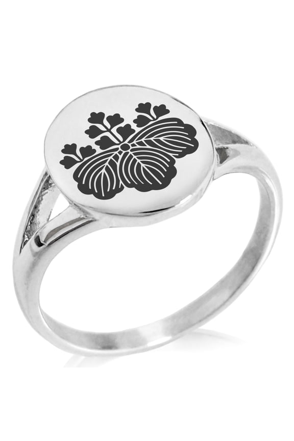 Stainless Steel Toyotomi Samurai Crest Minimalist Oval Top Polished Statement Signet Ring