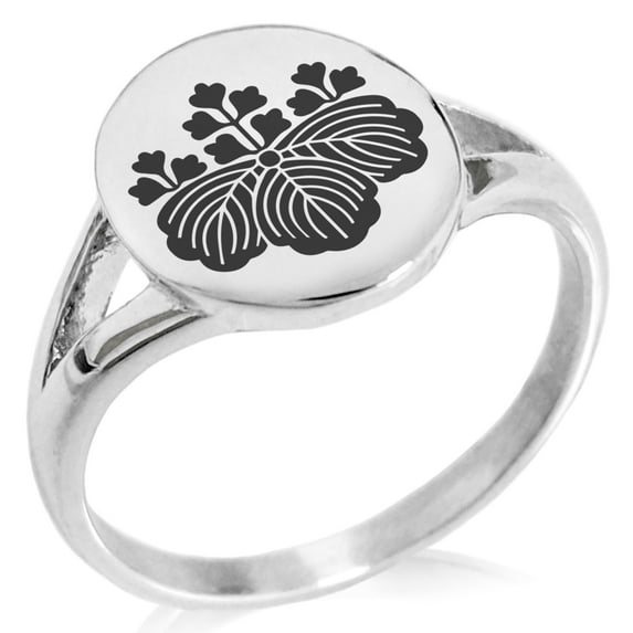 Stainless Steel Toyotomi Samurai Crest Minimalist Oval Top Polished Statement Signet Ring