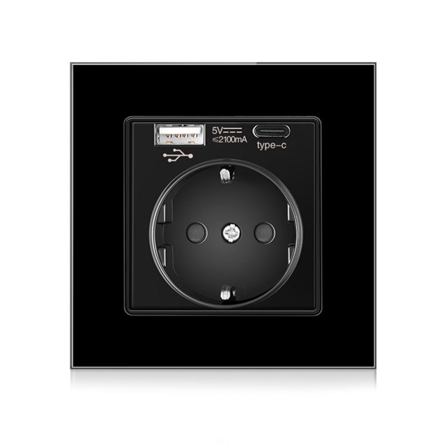Tipo de pared de la UE Montado en la pared Tipo-C AC110-250V Toma de corriente con puertos de carga dual Socket 86x86mm Adaptador de teléfono DIY para Home Hotel Negro USB Tipo-C Dido Hogar