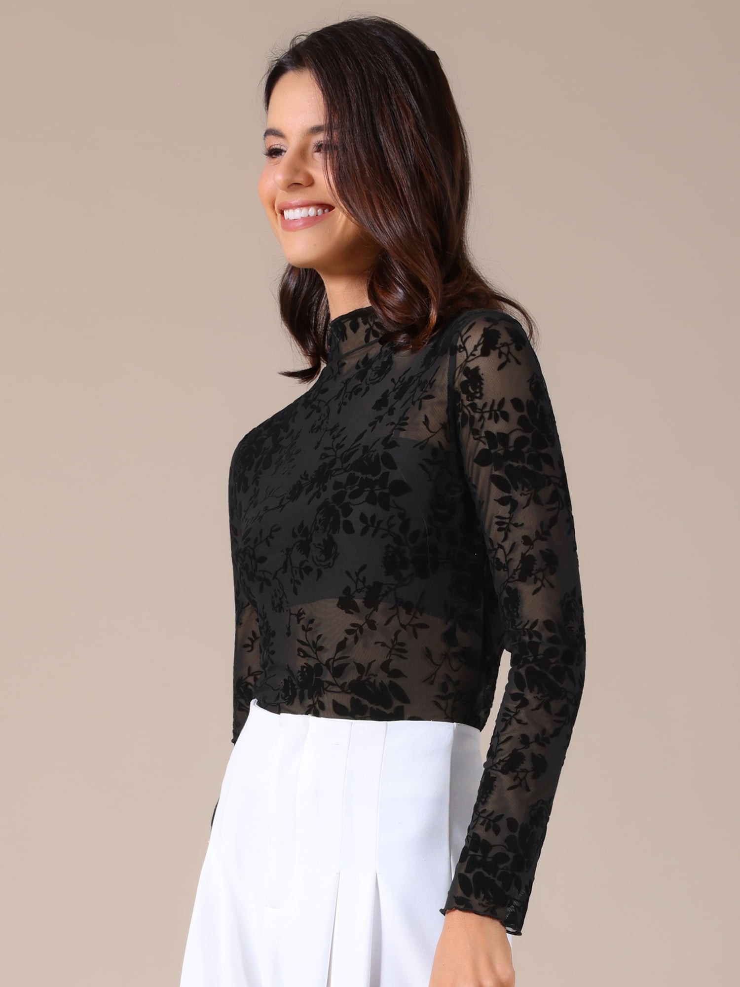 DARING DIVA Women's Sheer Mesh Floral Mock Neck Long Sleeve Blouses 2XL Black