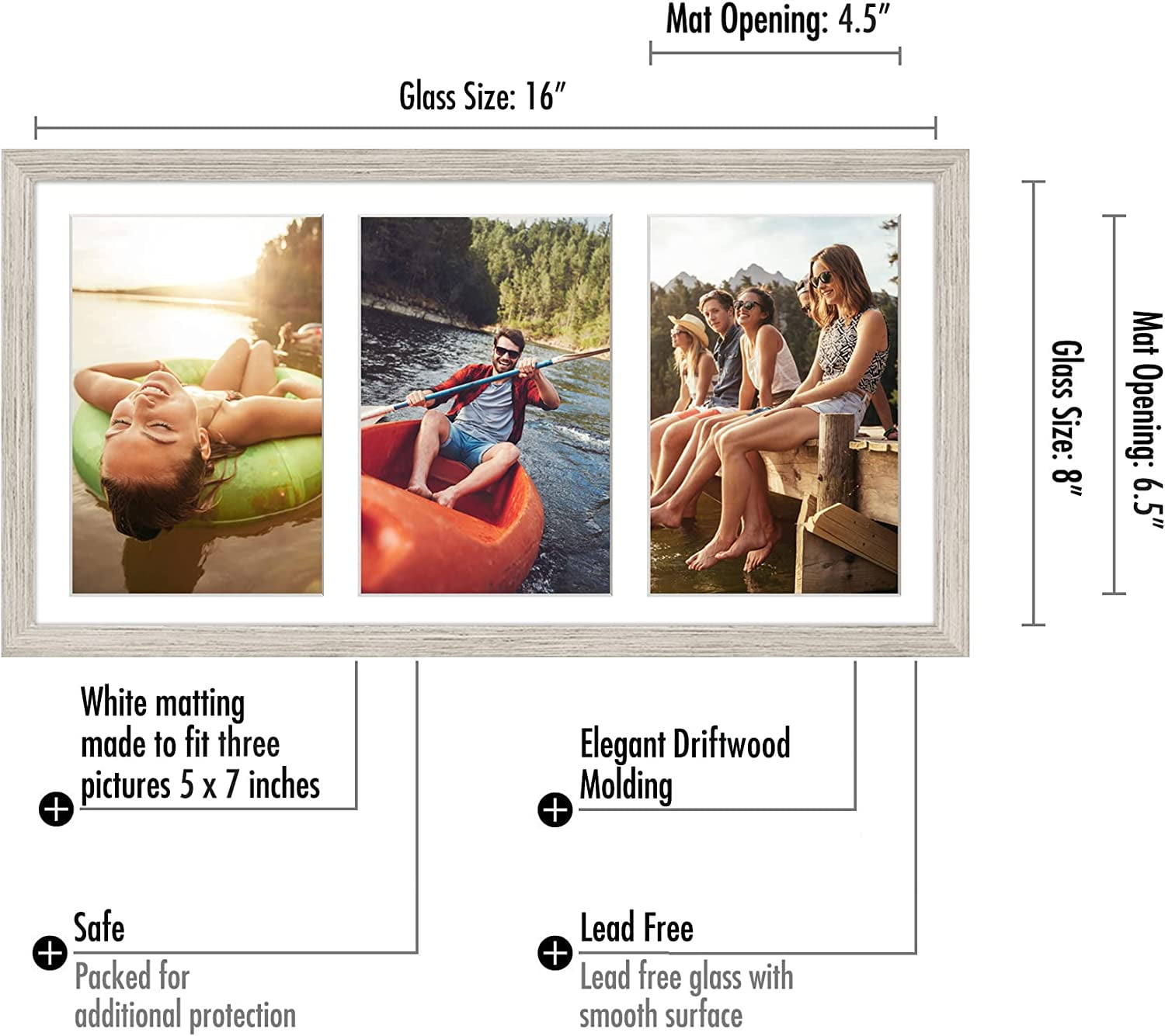 Americanflat 8x16 Collage Picture Frame with Three 5x7 Displays in Driftwood - Composite Wood with Shatter Resistant Glass - Horizontal and Vertical Formats for Wall