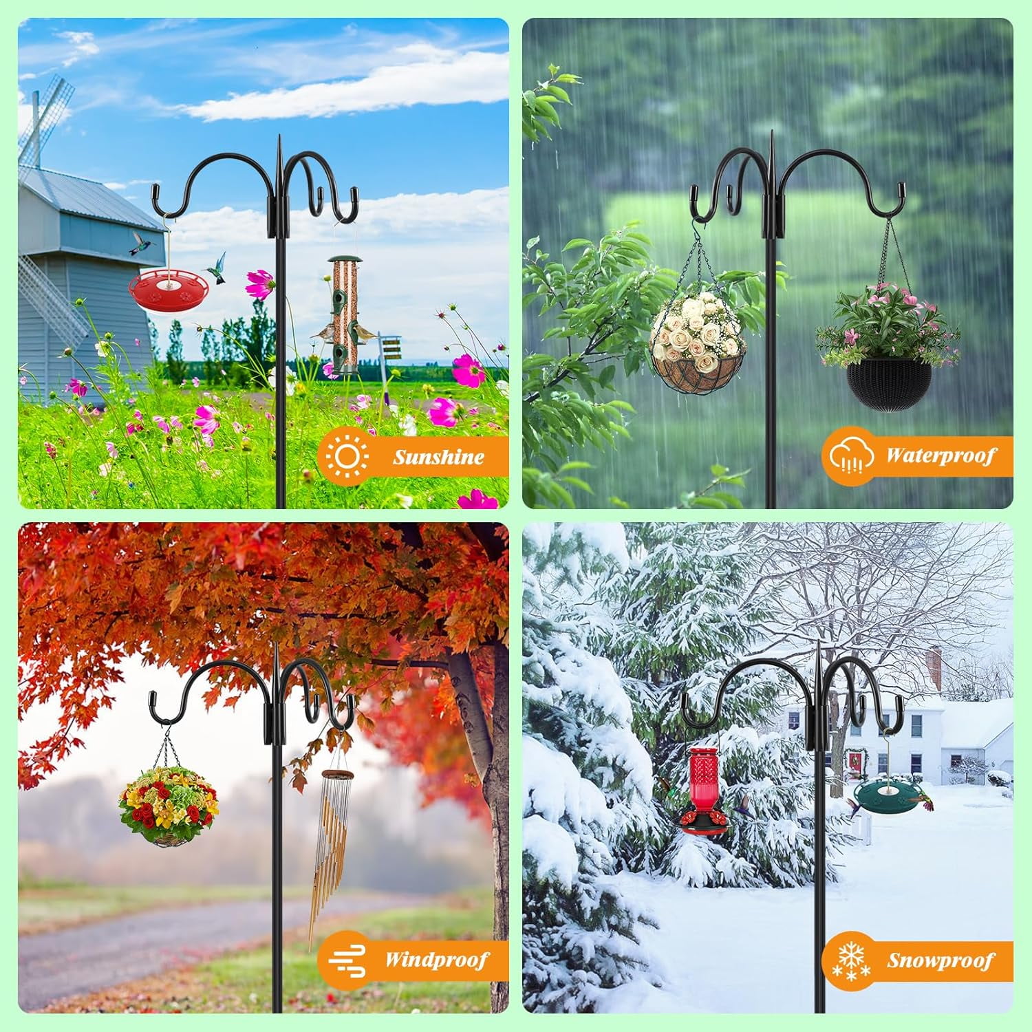[Upgrade Version 76 Inch Three Shepherd Hooks for Outdoor,Bird Feeder Pole with 5 Prong Base, Adjustable Shepard Hooks for Hanging Plant, Solar Lanterns, Wind Chimes, 1 Pack