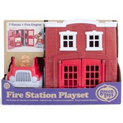 Green Toys: Fire Station Playset - 8pc Emergency Toy Set, Rescue Vehicle Truck, 2-Level Firehouse, 2 Cat Figures, Recycled Material, Kids-Toddlers 2+