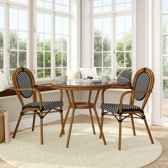 Flash Furniture Indoor/Outdoor Commercial French Bistro 31.5" Table, Black and White PE Rattan, Glass Top with 2 Stack Chairs