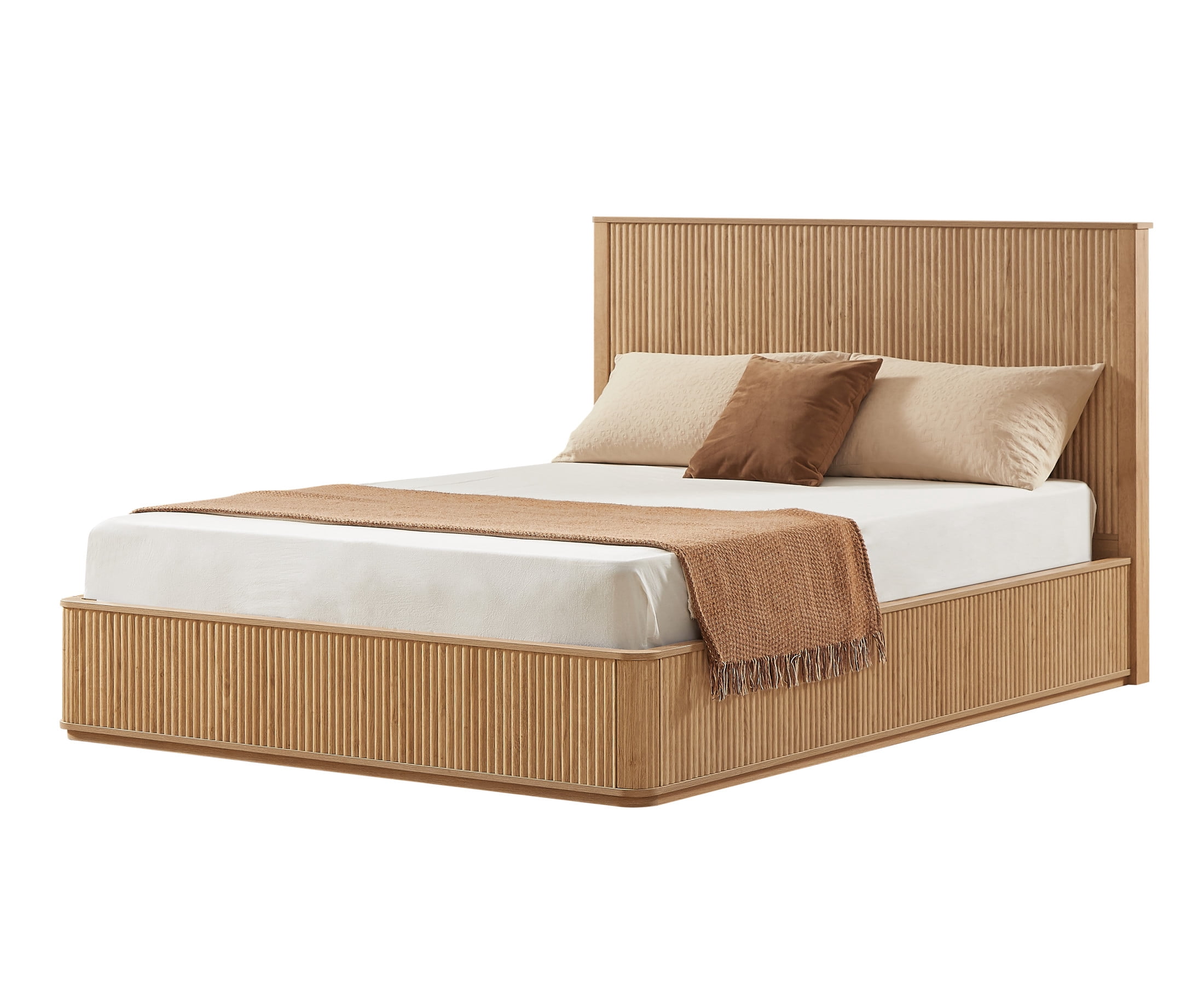 Noble House Queen Platform Bed Frame with 44.49" Flat Fluted Headboard, Wood Slat Support, Oak