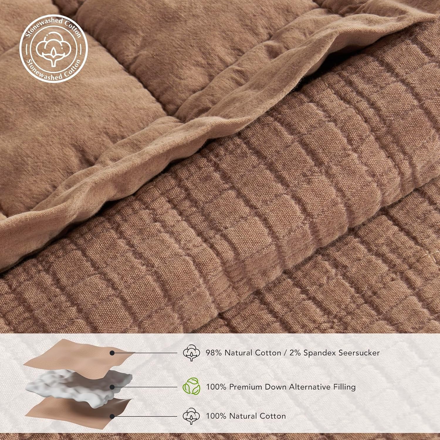 EVERGRACE Stonewashed Cotton Quilt Set King Size, Ultra Soft Oversized Bedspread Coverlet Set, Lightweight Crinkle Box Stitch Bedding Sets for All Season, with 2 Shams, Blushed Terracotta