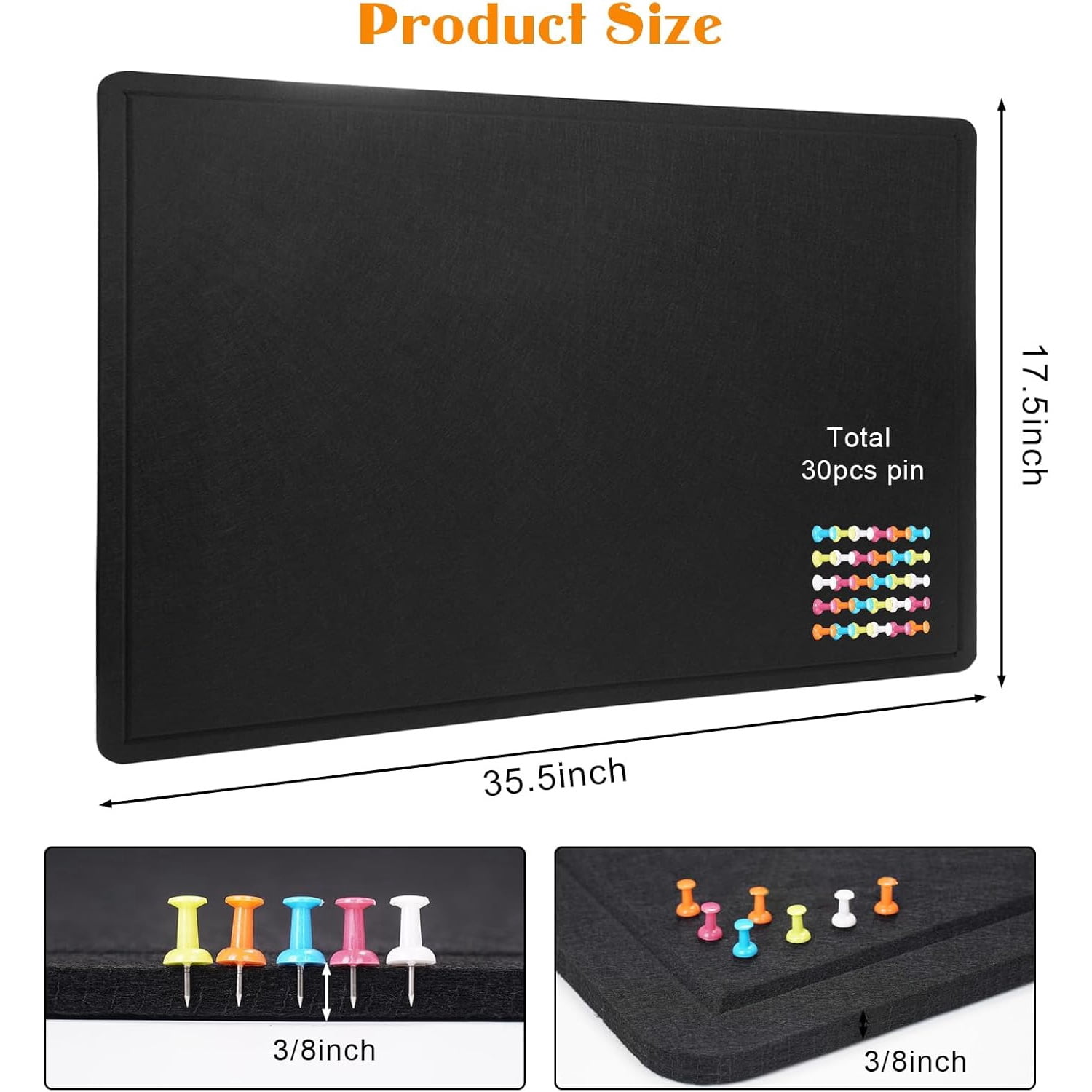 Bulletin Board - 35 x 17.5 inches Decorative Felt Pin Board - Cork Board Alternative for Wall - Foldable Photo Board Self-Adhesive Prayer Board with 20 Pushpins - Black