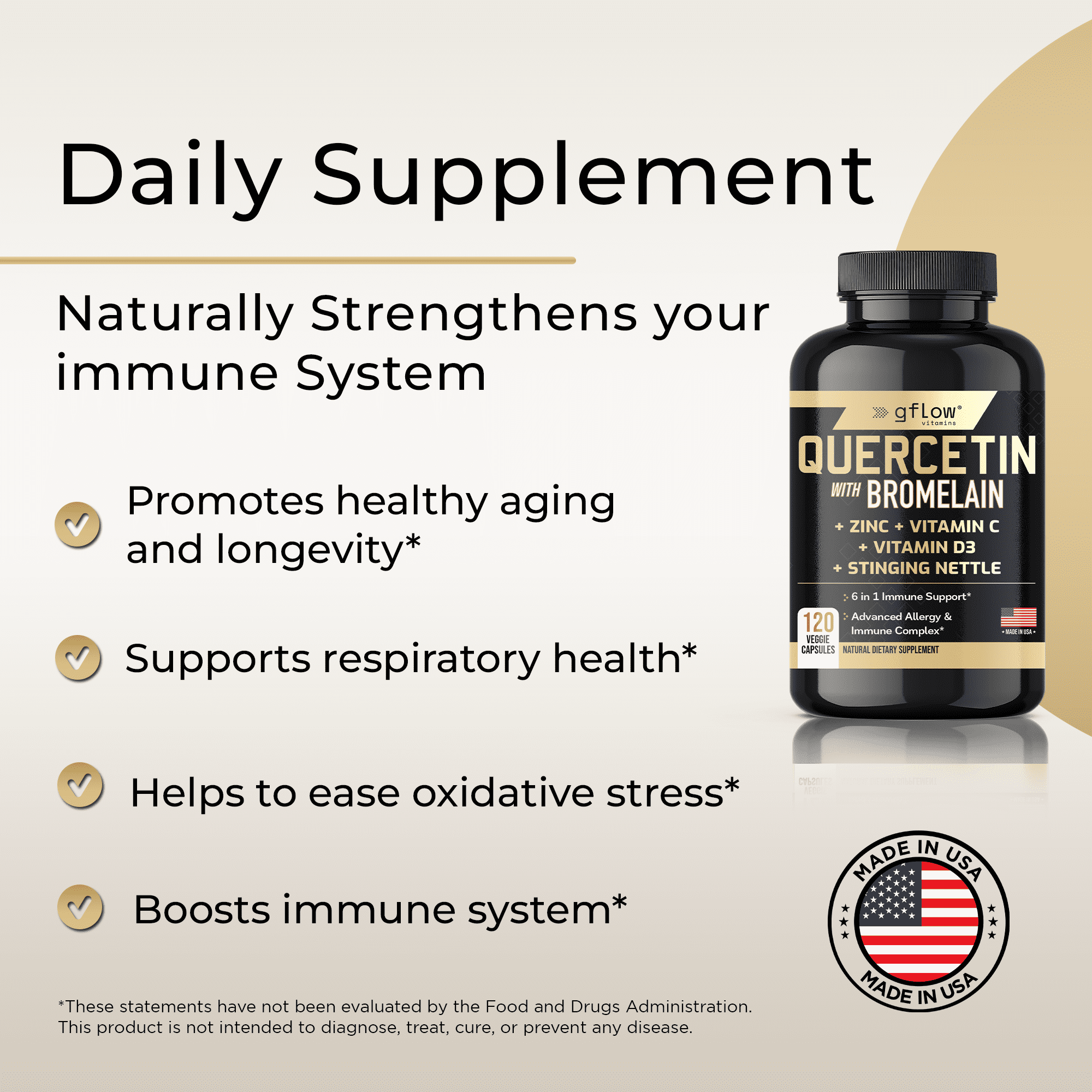 Gflow Vitamins Quercetin with Bromelain, Stinging Nettle, Vitamin C, Vitamin D3, Zinc - 120 veggie capsules
