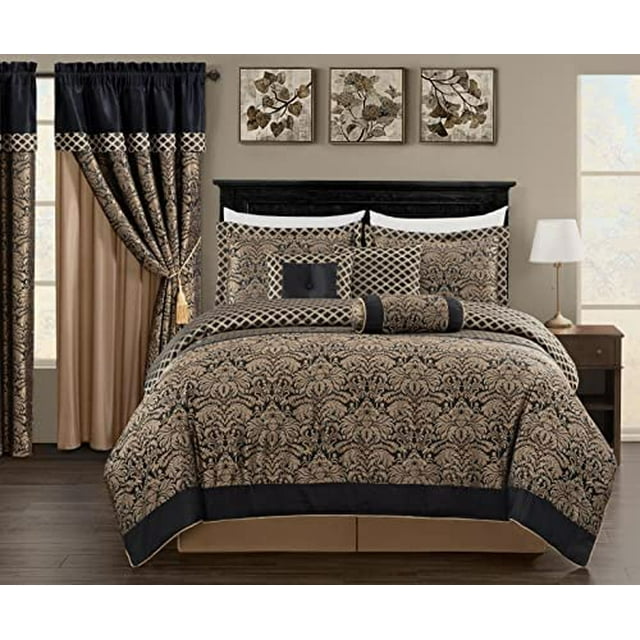 7Piece Black/Gold Floral Medallion Jacquard Woven Comforter Set, Queen