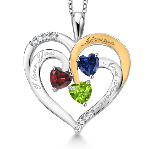 Two Tone Red Garnet Blue Created Sapphire Green Peridot Created Moissanite `I love you always and forever` Engraved Pendant Necklace for Women (1.60 cttw, Heart Shape 5MM, 18 inch Chain)