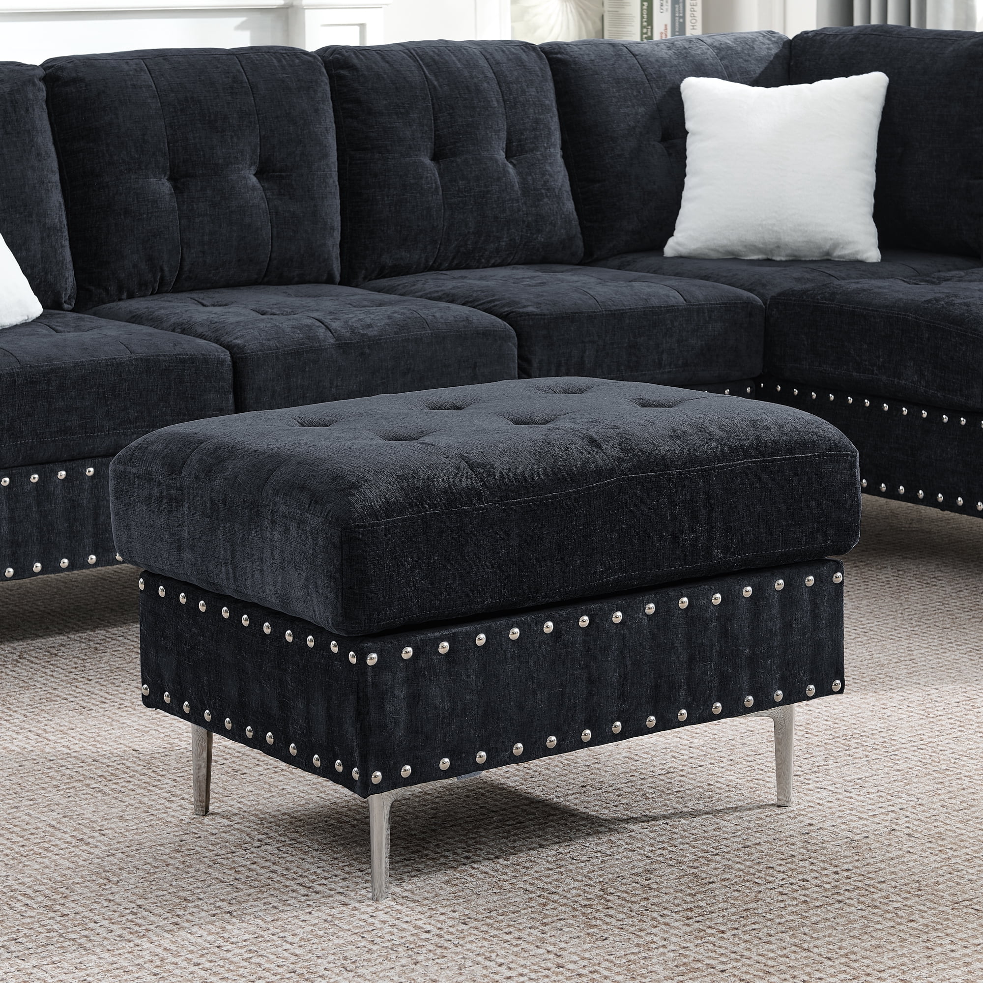 Leumius Modular Sectional Sofa with Chaise and Storage Ottoman,U/L Shaped Sectional Sofa with 2 Pillows,Modern Copper Nails Design Couch with Deep Seat and Thickened Cushion for Living Room,Navy Blue