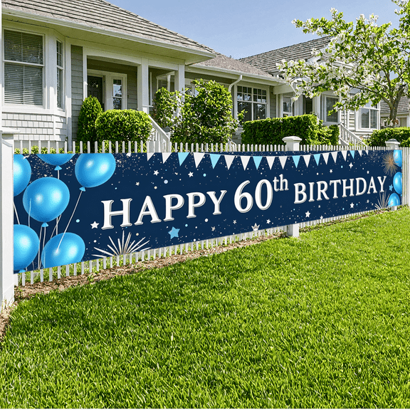 Blue Balloons Banner Colorful Stars Event Banner 60th Celebration for Birthday Party Indoor Decoration Photo Shoot
