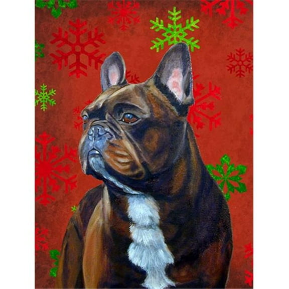 11 x 15 In. French Bulldog Red And Green Snowflakes Holiday Christmas Flag, Garden Size