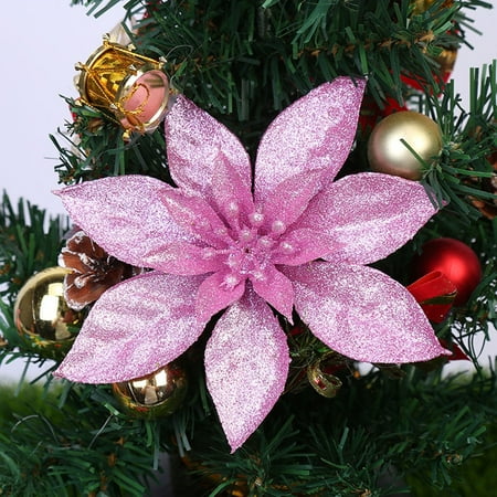 

10X Christmas 9Cm Poinsettia Glitter Flower Tree Hanging Party Decoration Pink
