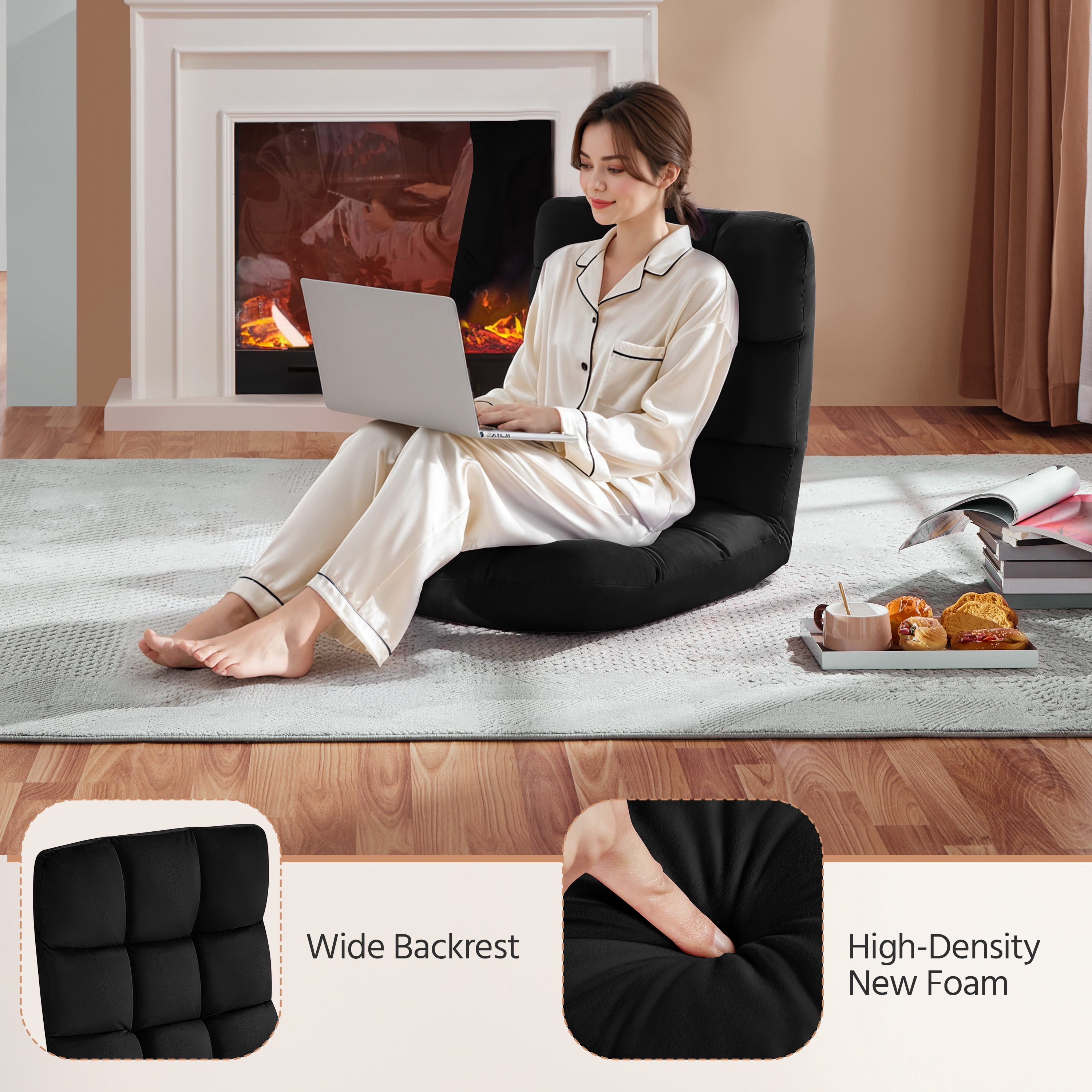 Alden Design Floor Folding Gaming Chair Lazy Sleeper Recliner with 14 Adjustable Positions, Black