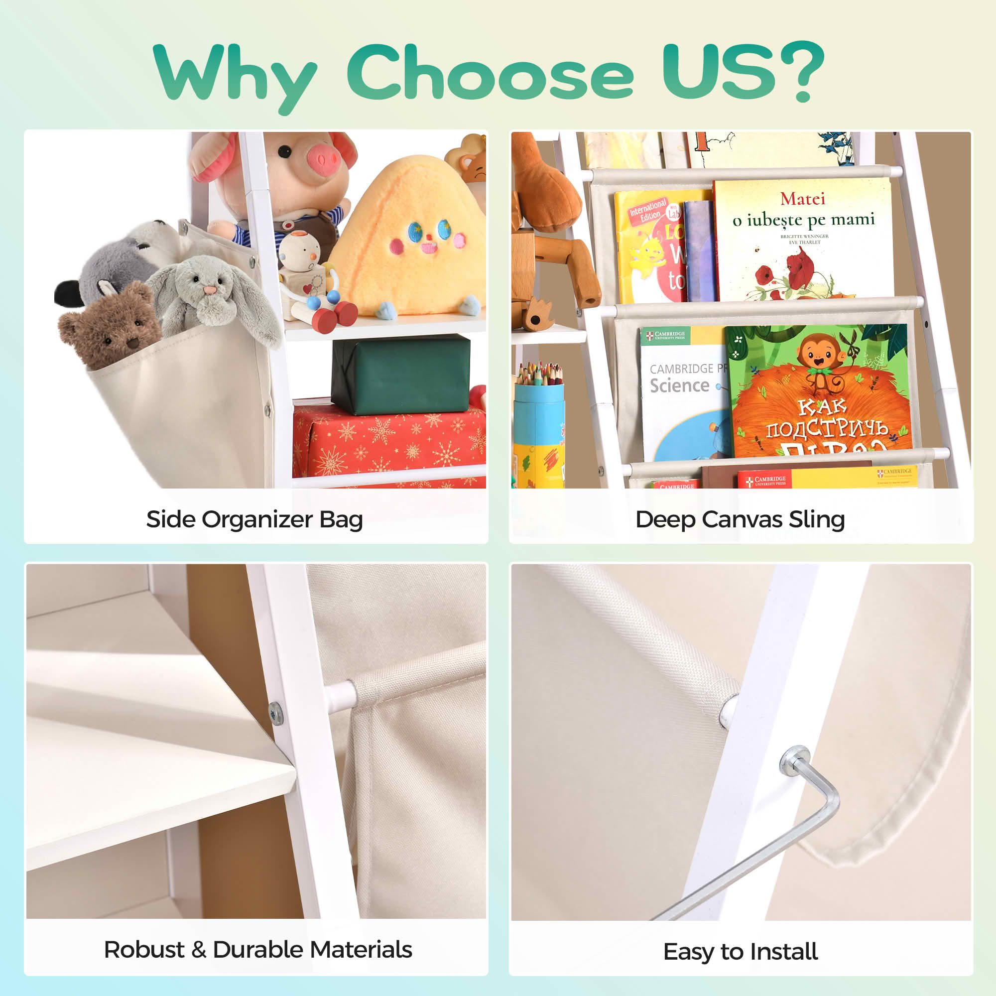 MAYEERTY White Metal 3-Tier Kids Bookshelf, 3 Sling Pockets + Side Pockets for Bedroom Study Room