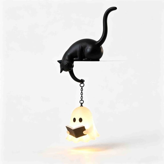 Cadancy Halloween Decorations Cat Ghost Hanging Light LED Shelf Sitter Spooky Cute Home Decor Desk Table Night Lamp Party Display Ornament Seasonal Decoration