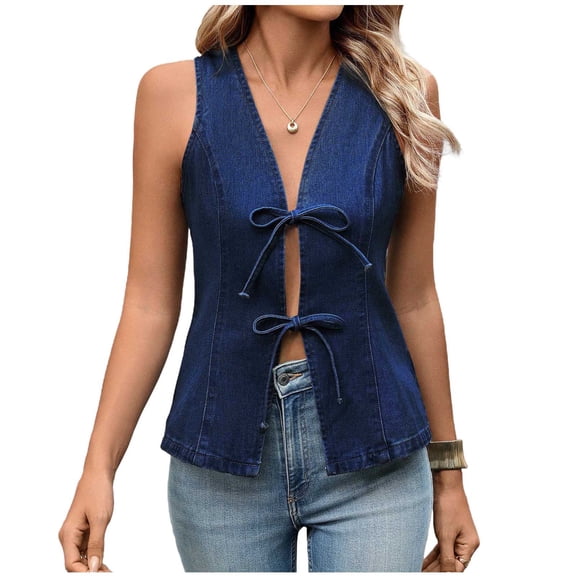 XFLWAM Womens Denim Vest V Neck Bow Tie Front Jean Tanks Tops Sleeveless Lightweight Summer Waistcoat Tops