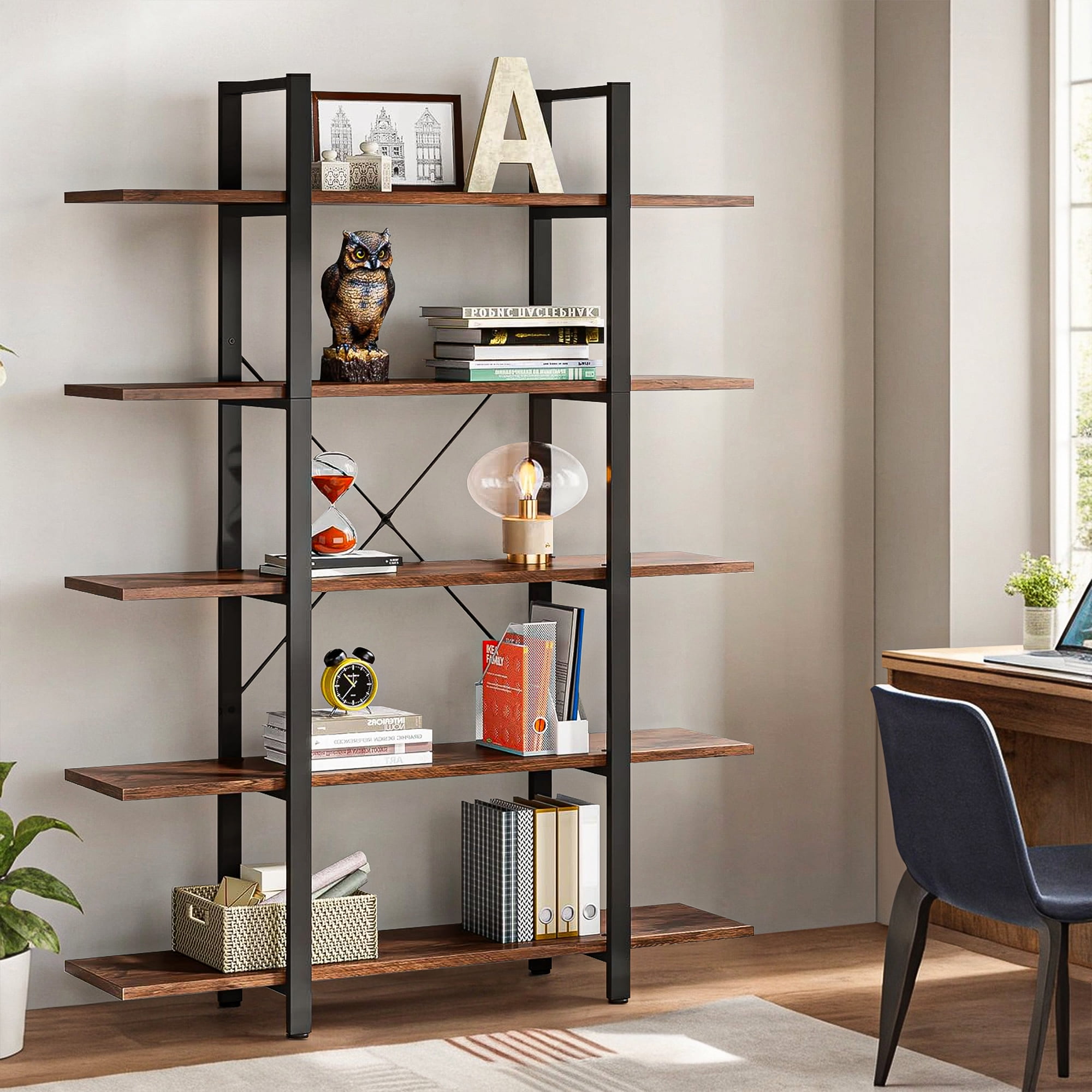Demi Bonn 5 Tier Bookshelf, Bookshelves, Open Etagere Bookcase Shelf Storage Organizer, Free Standing Storage Shelving Unit for Bedroom, Living Room and Home Office, Brown