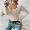 thumbnail image 6 of Trendy Ribbed Knit Tops for Women Teens Slim Fit Y2k Style Square Neck Long Bell Sleeve Tees Crop Sweaters (X-Large, Khaki), 6 of 7