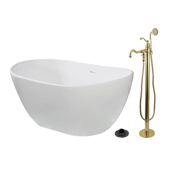 Kingston Brass KRTRS5732132AL 57" Solid Surface Oval Double Slipper Freestanding Tub with Faucet Combo and Drain, Polished Brass