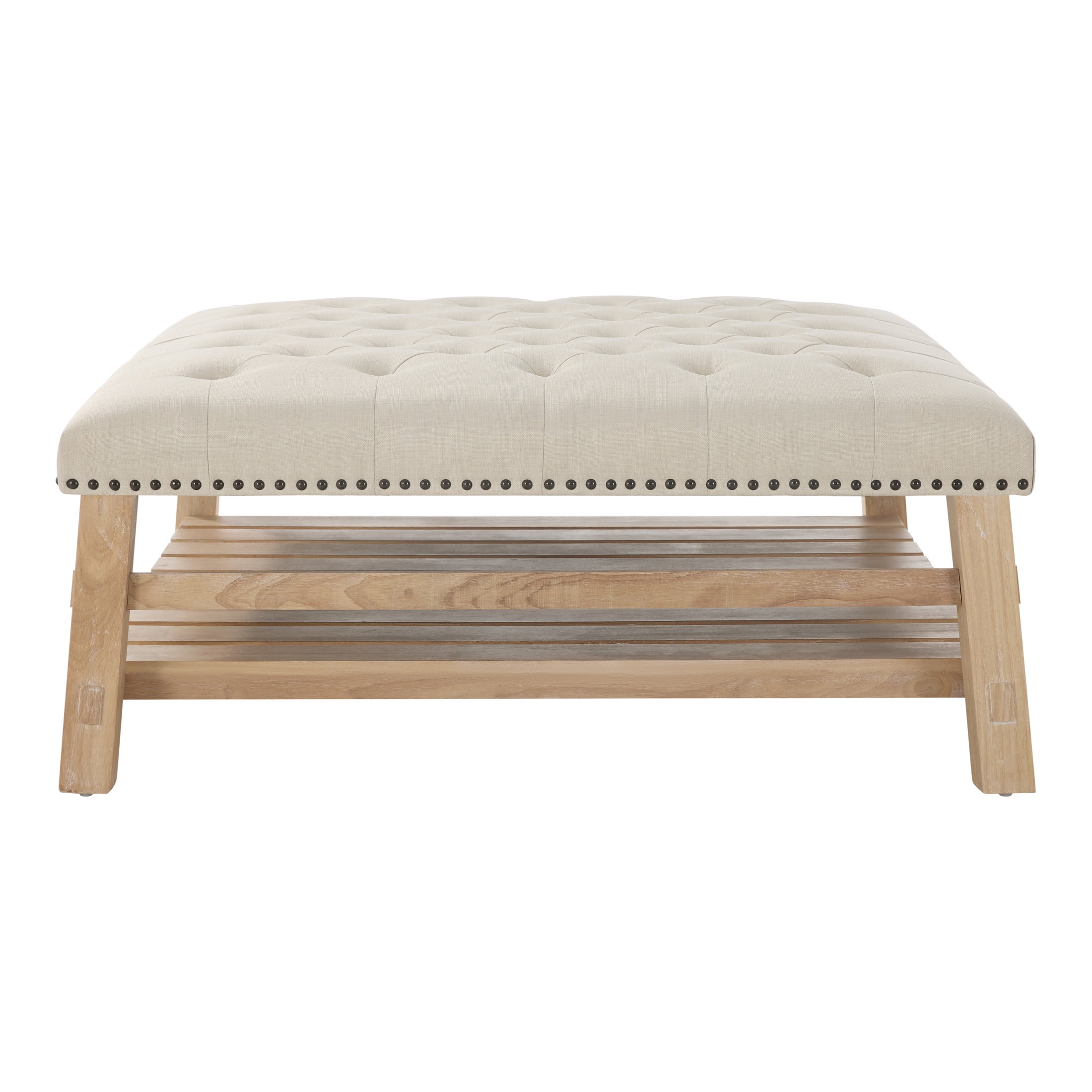 Noble House 41.5" Square Tufted Wooden Ottoman Coffee Table with Storage Shelf, Linen Upholstered Footstool, Beige