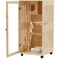 Wooden Cat House, Large Wooden Indoor Cat Enclosure Catio Cage with Ramp and Covered Cat House Kit, Enclosed Cat Condo w/Wheels for Cats Kittens