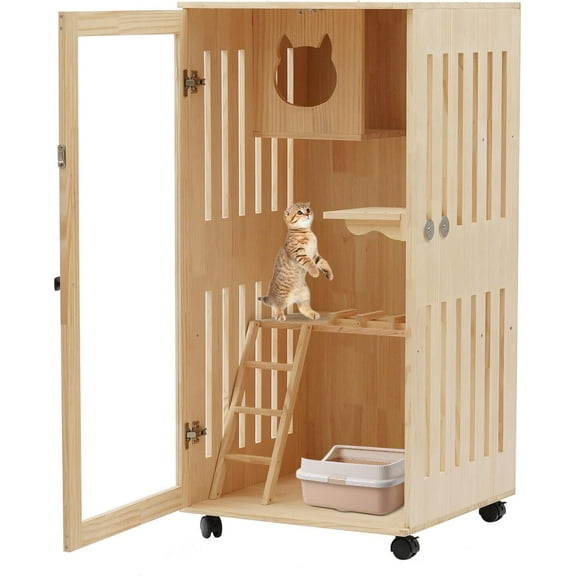 Wooden Cat House, Large Wooden Indoor Cat Enclosure Catio Cage with Ramp and Covered Cat House Kit, Enclosed Cat Condo w/Wheels for Cats Kittens