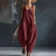 thumbnail image 2 of Lcziwo Cotton Jumpsuits for Women Sleeveless Barrel Wide Leg Solid Overalls Loose Fit Casual Summer Vacation Pant Romper with Pockets Wine,XXL, 2 of 9