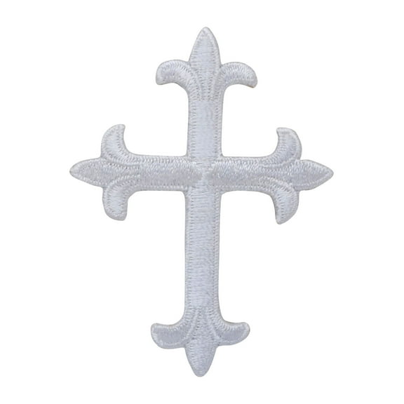 Small (2-1/2" Tall) White Fleur De Lis Cross - Iron On Embroidered Applique Patch