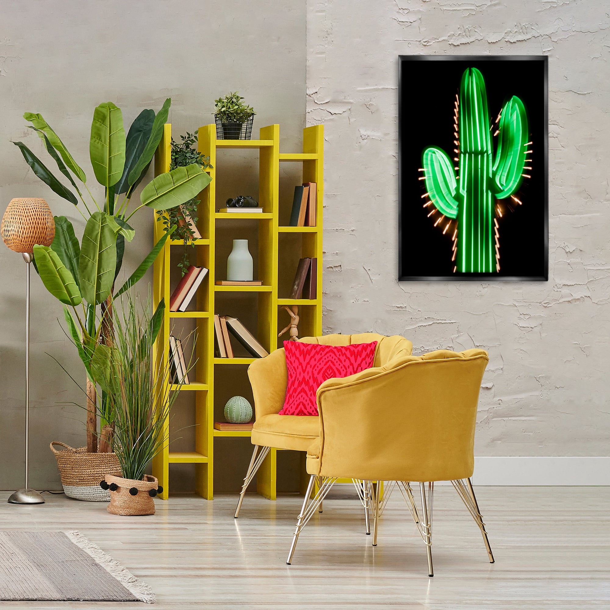 Stupell Industries Neon Lights Cactus Botanical & Floral Painting Black Floater Framed Canvas Art Print Wall Art, 21 x 31