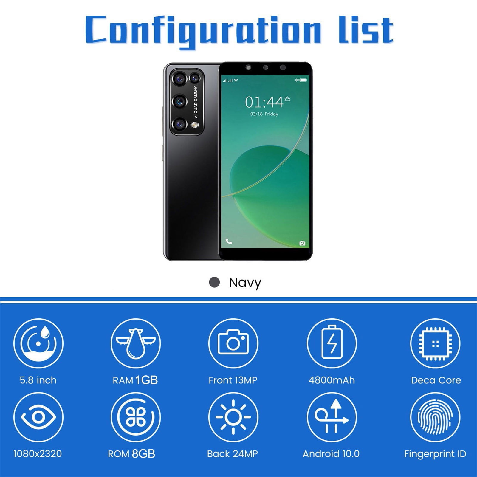 FYTPOV Android Phone, 5.8-inch Curved Screen Smartphone Android 10.0 1080P HD Camera1GB + 8GB Support 2 SIM Card And 128G Card, Cell Phones Unlocked